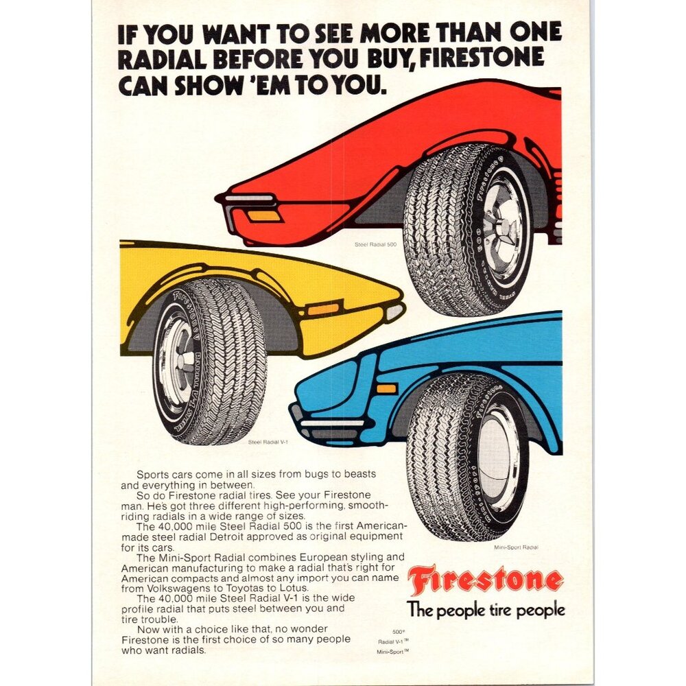 1973 Firestone Radial Tires Vintage Print Ad Cartoon Sports Cars 70s Wall Art